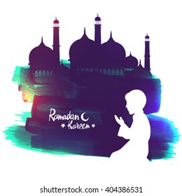 White silhouette of a Islamic boy offering Namaz (Muslims Prayer) in front of a creative Mosque for Ramadan Kareem celebration.