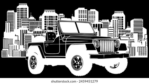 white silhouette of jeep in front of a big city on black background