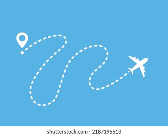 Silueta blanca del avión de reacción con recorrido de línea curva discontinua aislada en azul. Concepto de vector de viajes