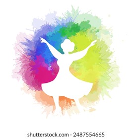 White silhouette of joyful lady dancing in a dress on rainbow watercolor splashes. Active aging. Vector flat illustration of happy beautiful woman on watercolor backgrpund