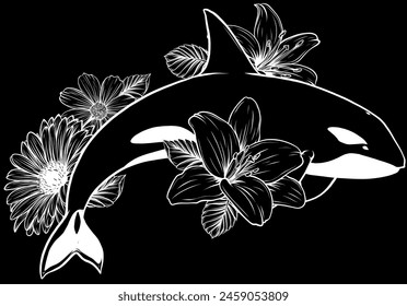 white silhouette of Killer whale with flower on black background vector illustration