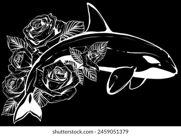 white silhouette of Killer whale with roses on black background vector illustration