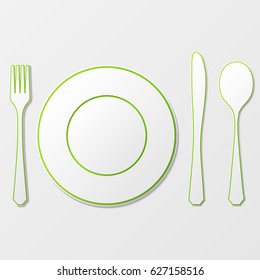 White silhouette of knife, fork and spoon and plate