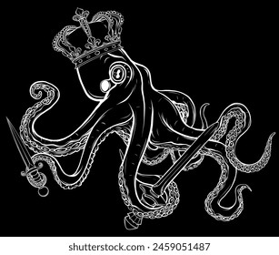 white silhouette of Kraken King Octopus With Crown Luxury vector illustration