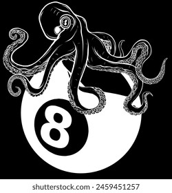 white silhouette of kraken octopus on eight ball of biliard vector illustration on white background. digital hand draw