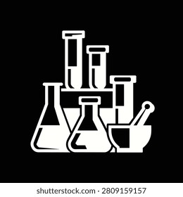 A white silhouette of laboratory equipment, including beakers, test tubes, and a mortar and pestle, on a solid black background, creating a striking contrast