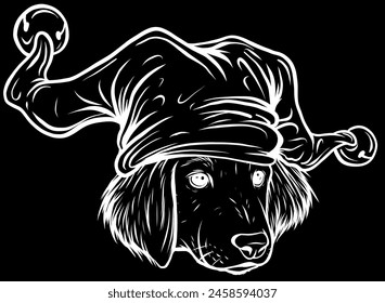 white silhouette of Labrador Retriever Puppy with joker hat on black background