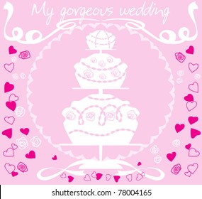 White silhouette of a large wedding cake on a pink background