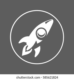 white silhouette of a launching rocket with circle frame all in dark grey square background