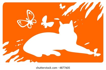 White silhouette of the laying cat  and flying butterflies on a grunge orange background.