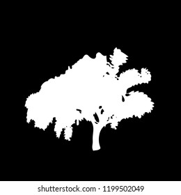 White silhouette of leafed tree isolated on black background. Vector illustration, icon, sign, template for design.