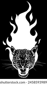 white silhouette of Leopard head with fire on black background