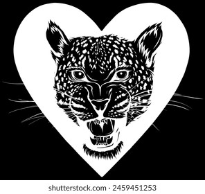 white silhouette of Leopard head on heart vector illustration design on black background. digital hand draw