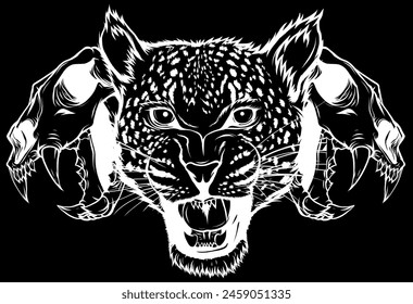 white silhouette of Leopard head with skull on black background