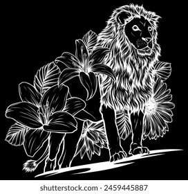 white silhouette of lion with flower vector illustration design on black background