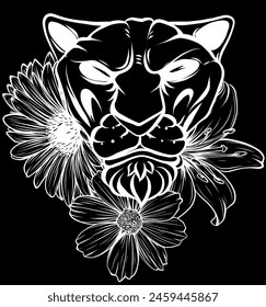 white silhouette of lion head with floral wreaths. vector illustration on black background