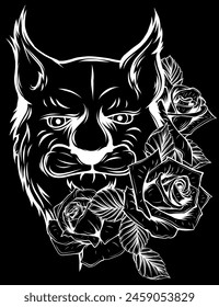 white silhouette of Lion with roses and leaves on black background.
