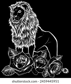white silhouette of Lion with roses. vector illustration design on black background