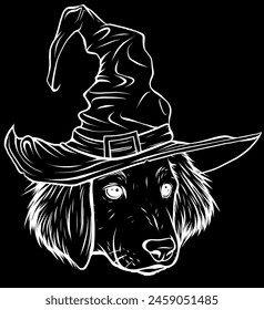 white silhouette of little dog cartoon in a witch hat on black background