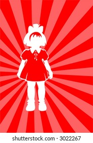 White silhouette of the little girl on a red striped background.