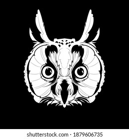 White silhouette of the long-eared owl (head) on black background. Vector illustration.