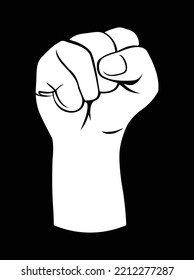 White silhouette of a male rising fist on a black background with white lines defining fingers and thumb.Revolution Protest Raised Fist Symbol. Web Icon Logo Template Design Element.Vector 