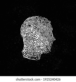 White silhouette of man head with fingerprint pattern. Grunge human identification wallpaper