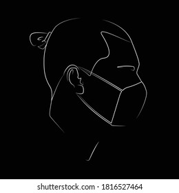 White Silhouette Of A Man In Mask. Flat Illustration Of Male Face. Linear Portrait. Guy With Top Knot. Linear Head Icon. Quarantine