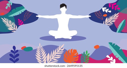 White Silhouette Man Meditating with Arms Outstretched in Nature, Surrounded by Colorful Tropical Leaves and Abstract Shapes in Calm Purple Background