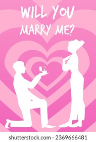 White silhouette of man stands on knee and makes a marriage proposal with engagement ring to woman. Romantic boyfriend and girlfriend having love relations. Vector poster with hearts Will you marry me