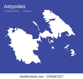 A white silhouette map of Astypalea Island in Greece isolated on a blue background.