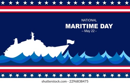 White silhouette of a maritime ship sailing on a sea of ​​big waves, with the American flag in the background. commemorating NATIONAL MARITIME DAY – May 22. Maritime concept and background