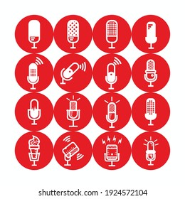 silueta blanca de juego de micrófono - juego de micrófono con rayo y señal de conexión para difusión o podcast - logotipo del conjunto de micrófono de silueta o icono aislado en círculo rojo