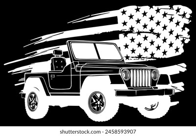 white silhouette of military car with american flag vector illustration