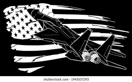 White Silhouette Of Military Fighter Jets With American Flag On Black Background