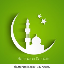 White silhouette of Mosque or Masjid on moon with stars on abstract green background, concept for Muslim community holy month Ramadan Kareem or Ramazan Kareem.