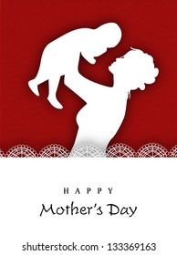 White silhouette of a mother and her child on maroon background.