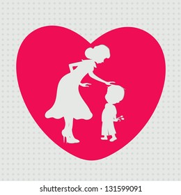 White silhouette of a mother and her son in a pink heart shape for Happy Mothers Day celebration.