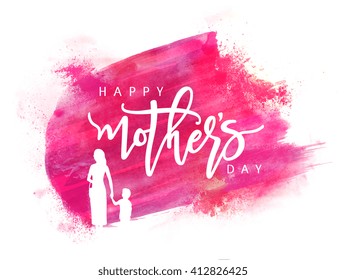 White silhouette of a Mother holding her Child hand on pink paint stroke background for Happy Mother's Day celebration.