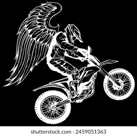 white silhouette of Motocross with wings on black background vector illustration