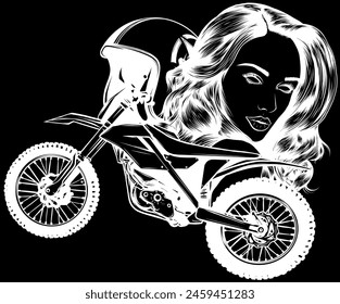 white silhouette of motor cross cartoon with with helmet and woman head. vector illustration on black background