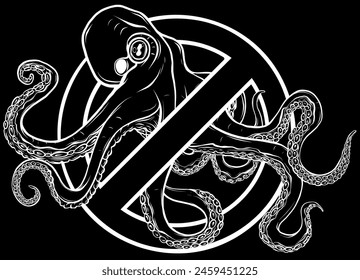 white silhouette of No Octopus Symbol Isolated on black background. Underwater Animal Vector Illustration Prohibition Stop Sign.