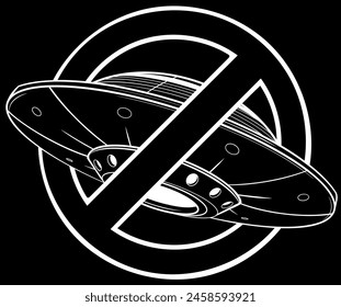 white silhouette of No UFO symbol design illustration. Forbidden sign with spaceship and alien icon isolated on black background