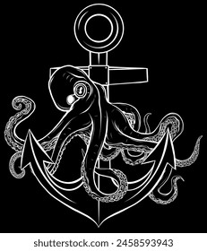 Weiße Silhouette des Oktopus um den Anker auf schwarzem Hintergrund Vektorillustration Design