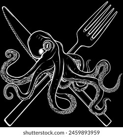 white silhouette of octopus with cutlery on black background