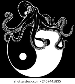 white silhouette of octopus on black background. Vector illustration in cartoon style