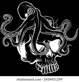 white silhouette of octopus on human skull vector illustration on black background