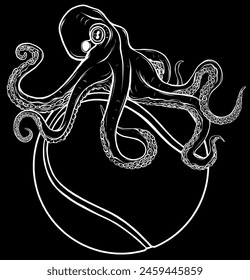 white silhouette of Octopus on tennis ball vector illustration on black background