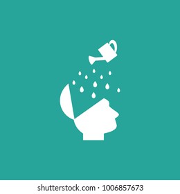 White silhouette of open head and watering can with water drops. Open Brain Shower pictogram. Watering brains icon. Isolated on blue. Headache icon. Vector illustration. Stress relax sign