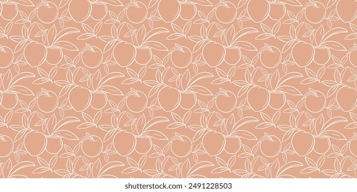 White silhouette of peaches and nectarines on peach colored background. Background with fruits hand engraved. Print for textiles, paper, packaging and design, vector graphics